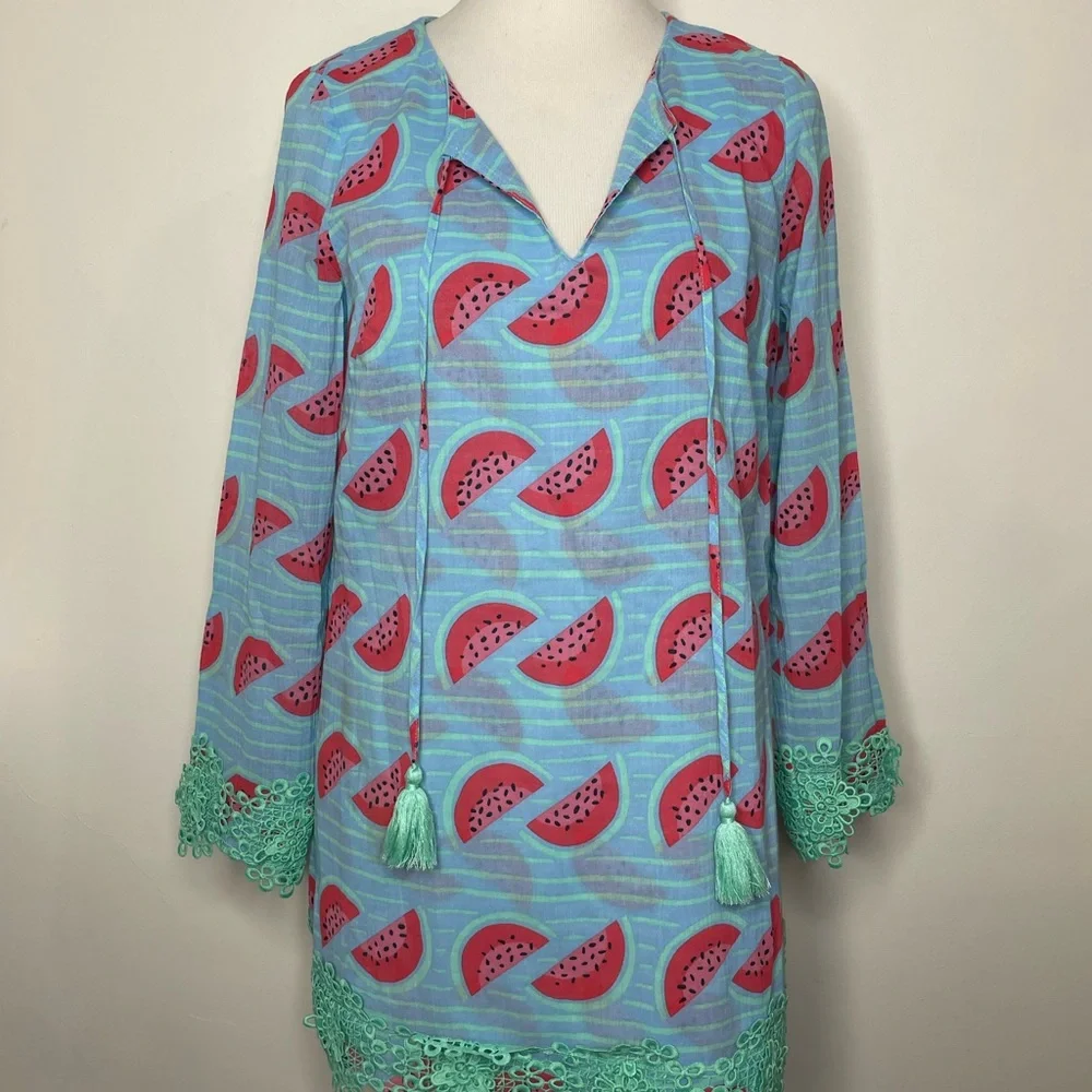 STS Sail To Sable Tunic Dress SZ S Watermelon Print Green Tassel Cotton - Picture 2 of 16